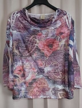 Jess & Jane "Crystal Paisley" Lightweight Top Sheer Flared Sleeves Draped Neck